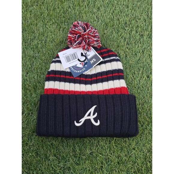 Atlanta Braves Striped Winter Beanie MLB Hat Cap Red White Navy New With Tags - Picture 1 of 9